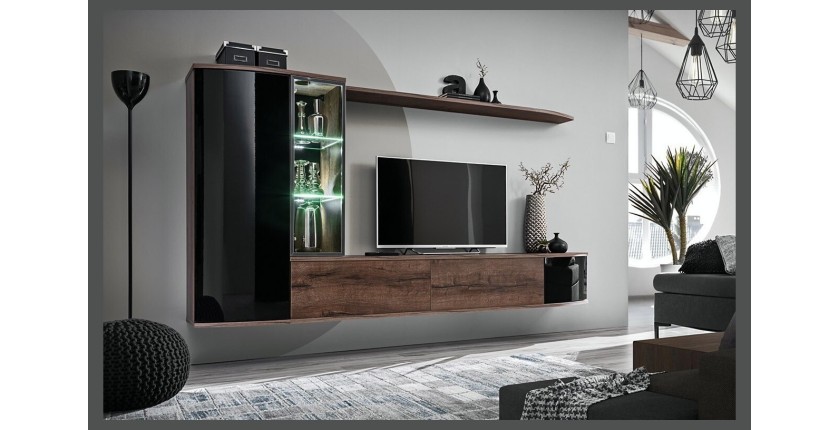 Ensemble pour salon STARK. Composition TV murale coloris chêne et noir. LED incluses.