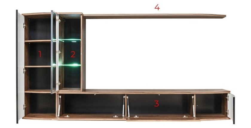 Ensemble pour salon STARK. Composition TV murale coloris chêne et noir. LED incluses.