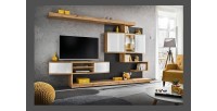 Ensemble pour salon FLYNN. Composition TV murale coloris chêne et blanc. LED incluses.