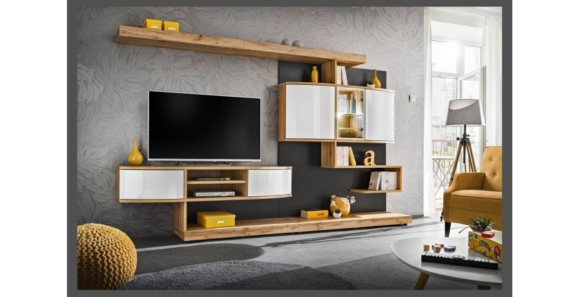 Ensemble pour salon FLYNN. Composition TV murale coloris chêne et blanc. LED incluses.