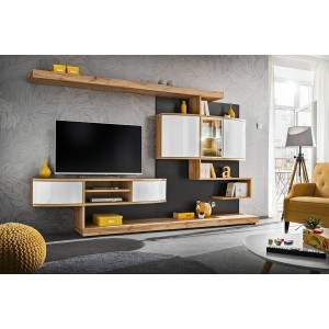Ensemble pour salon FLYNN. Composition TV murale coloris chêne et blanc. LED incluses.