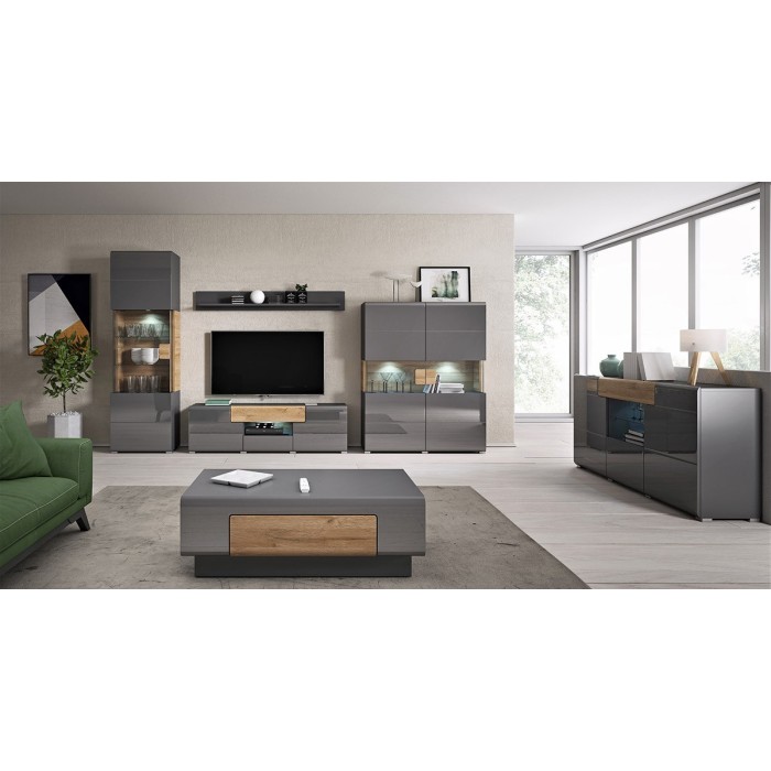 Ensemble complet de 6 meubles de salon collection OHIO. Coloris gris et effet chêne.