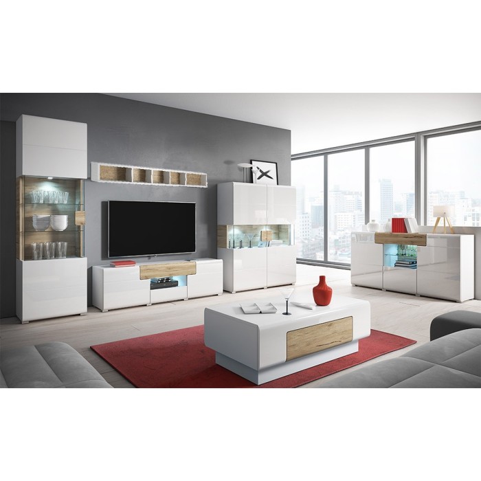 Ensemble complet de 6 meubles de salon collection OHIO. Coloris blanc et effet chêne.