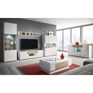 Ensemble complet de 6 meubles de salon collection OHIO. Coloris blanc et effet chêne.