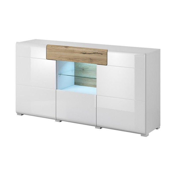 Ensemble complet de 6 meubles de salon collection OHIO. Coloris blanc et effet chêne.