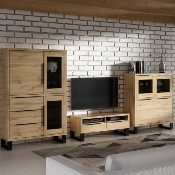 Ensemble 3 meubles de salon collection MILO. Coloris chêne. Style industriel