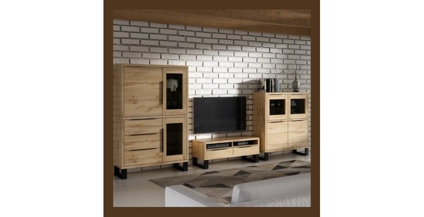 Ensemble 3 meubles de salon collection MILO. Coloris chêne. Style industriel