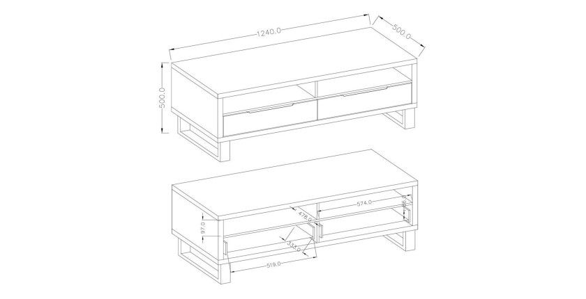 Ensemble 3 meubles de salon collection MILO. Coloris chêne. Style industriel