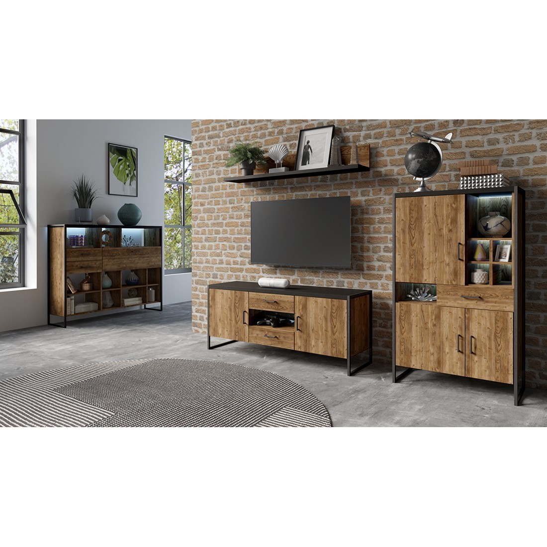 Ensemble de 4 meubles de salon style industriel collection ANAFI. Coloris épicéa et noir.
