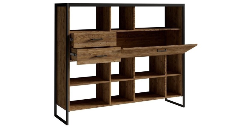 Ensemble de 4 meubles de salon style industriel collection ANAFI. Coloris épicéa et noir.