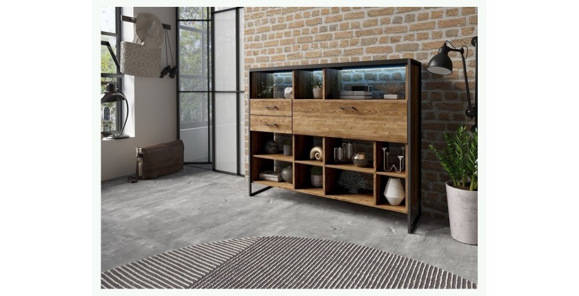 Ensemble de 4 meubles de salon style industriel collection ANAFI. Coloris épicéa et noir.