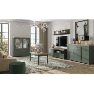 Ensemble de 5 meubles pour votre salon coloris vert et chêne. Collection ASSIA
