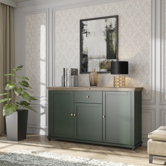 Ensemble de 5 meubles pour votre salon coloris vert et chêne. Collection ASSIA