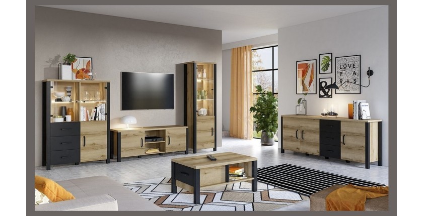 Ensemble de 5 meubles de salon collection DARWIN. Couleur chêne clair et noir.