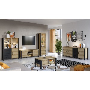 Ensemble de 5 meubles de salon collection DARWIN. Couleur chêne clair et noir.