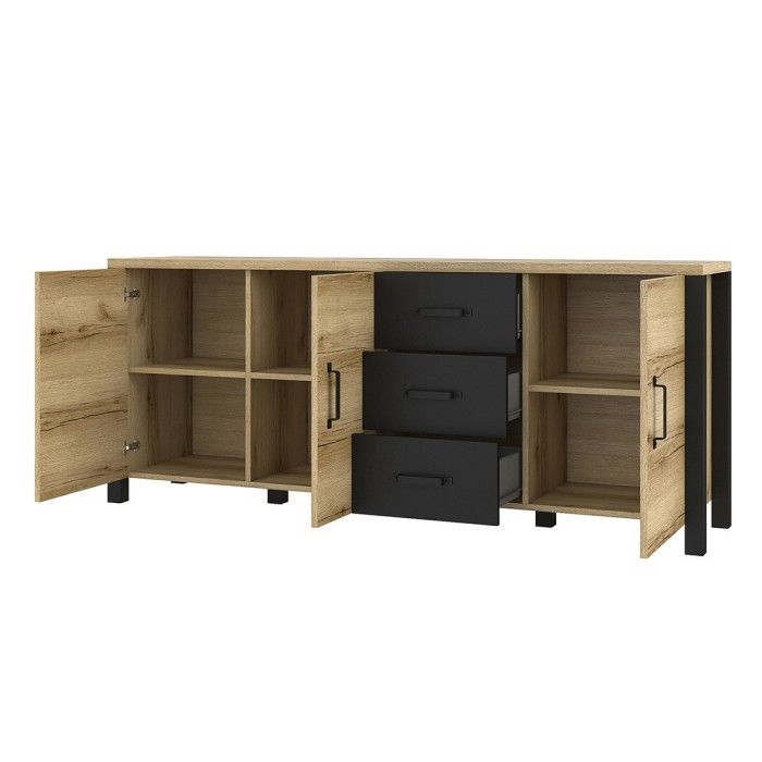 Ensemble de 5 meubles de salon collection DARWIN. Couleur chêne clair et noir.