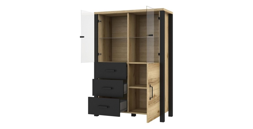 Ensemble de 3 meubles de salon collection DARWIN. Couleur chêne clair et noir.