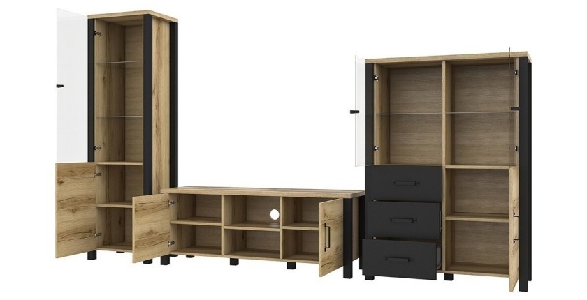 Ensemble de 3 meubles de salon collection DARWIN. Couleur chêne clair et noir.