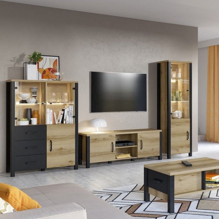 Ensemble de 3 meubles de salon collection DARWIN. Couleur chêne clair et noir.