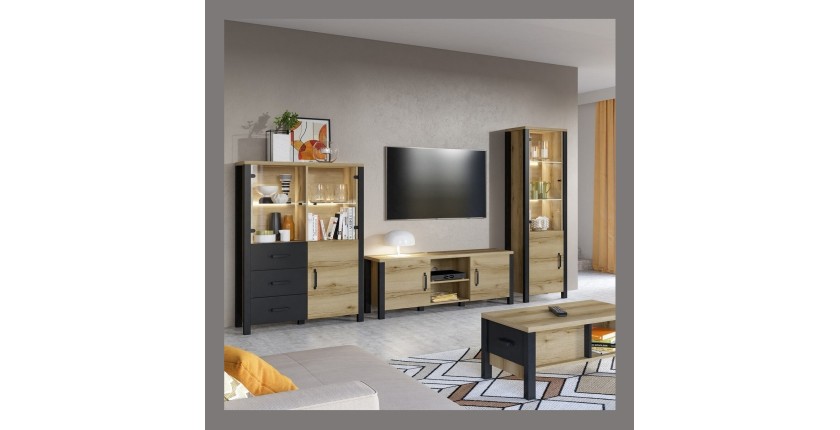 Ensemble de 3 meubles de salon collection DARWIN. Couleur chêne clair et noir.