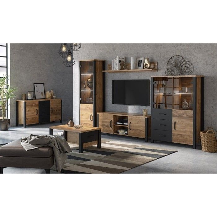 Ensemble de 3 meubles de salon collection DARWIN. Couleur épicéa et noir.