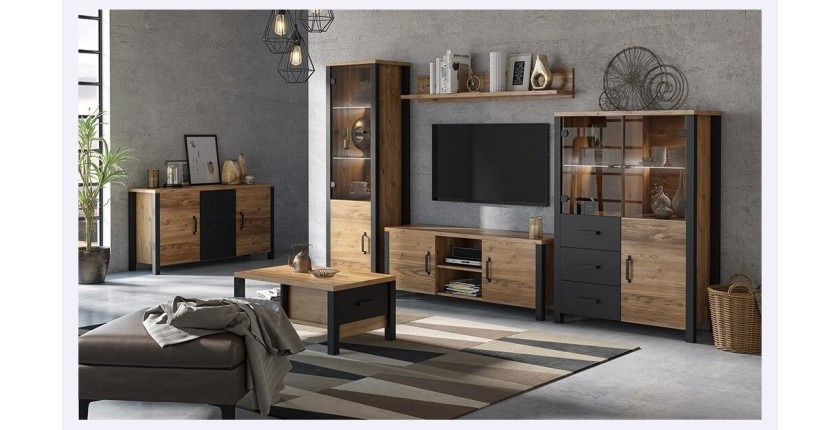Ensemble de 3 meubles de salon collection DARWIN. Couleur épicéa et noir.