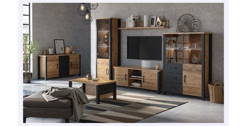 Ensemble de 3 meubles de salon collection DARWIN. Couleur épicéa et noir.