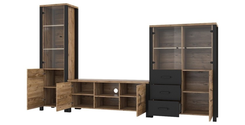 Ensemble de 3 meubles de salon collection DARWIN. Couleur épicéa et noir.