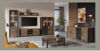 Ensemble de 6 meubles de salon collection DARWIN. Couleur chêne foncé et noir.