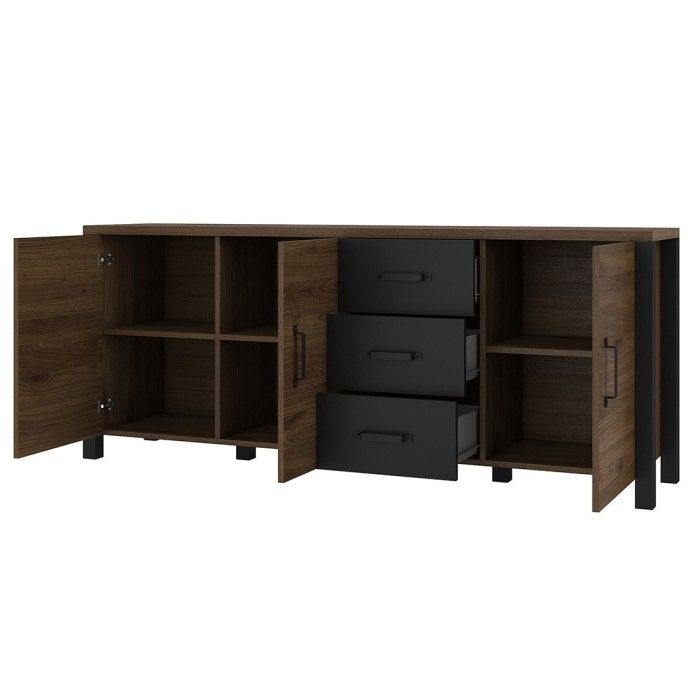 Ensemble de 6 meubles de salon collection DARWIN. Couleur chêne foncé et noir.