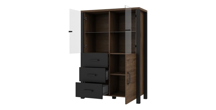 Ensemble de 3 meubles de salon collection DARWIN. Couleur chêne foncé et noir.