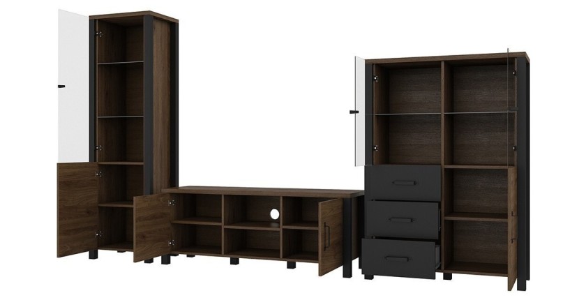 Ensemble de 3 meubles de salon collection DARWIN. Couleur chêne foncé et noir.