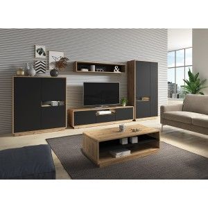 Ensemble de 5 meubles de salon collection VILLA. Couleur chêne et noir mat.