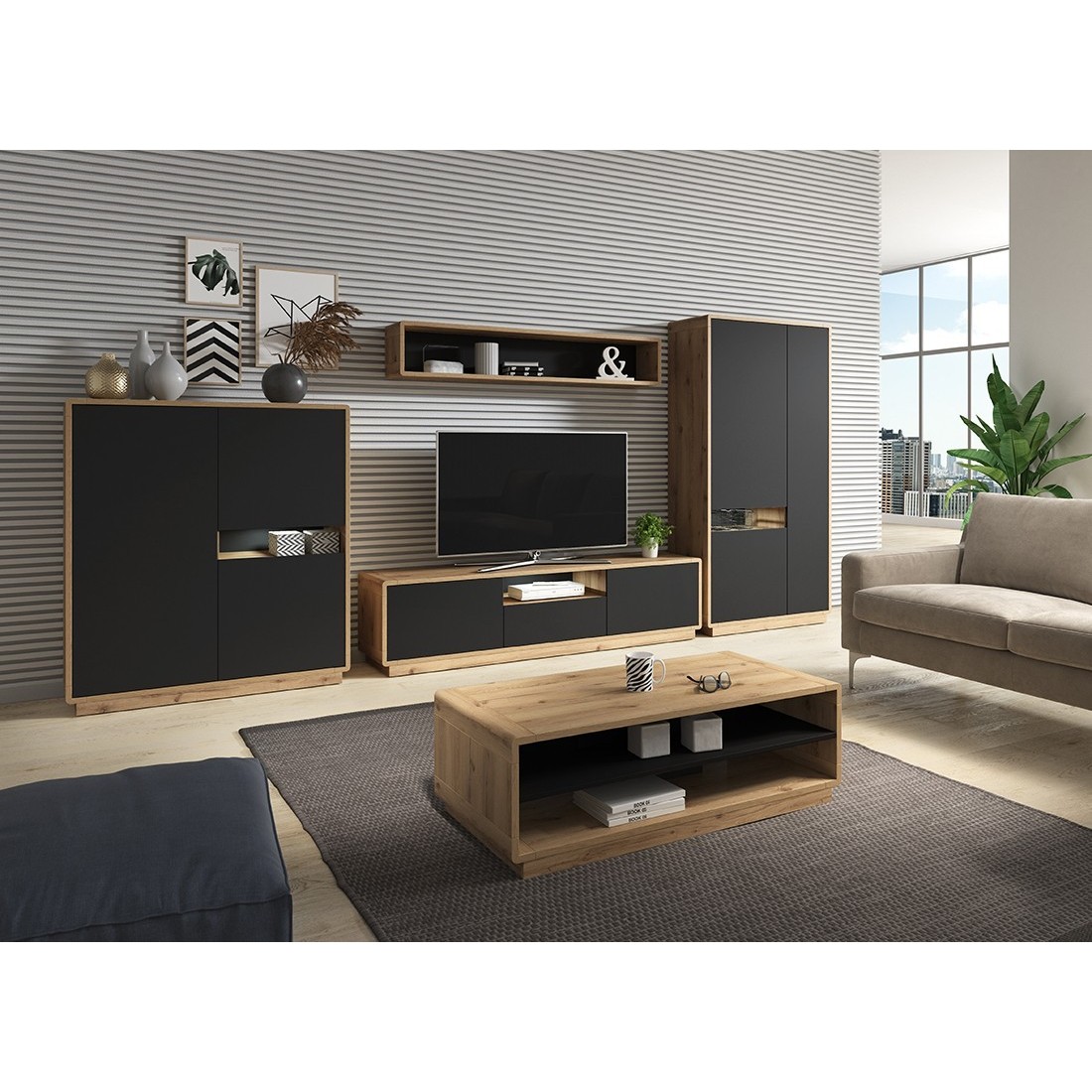 Ensemble de 5 meubles de salon collection VILLA. Couleur chêne et noir mat.