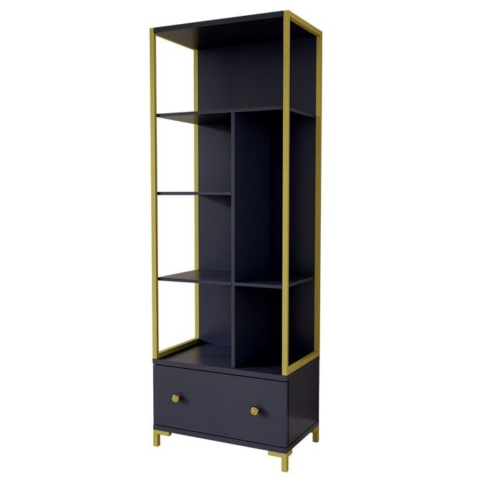 Bibliothèque design avec nombreux rangements coloris bleu et doré collection DOUGLAS.