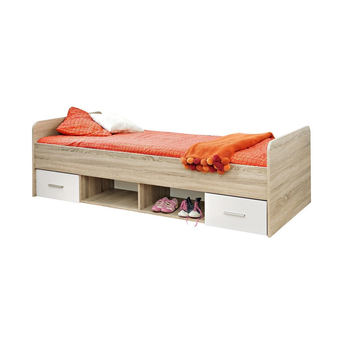 Lit enfant 90x200 collection DENVER. coloris chêne et blanc. Tiroirs inclus