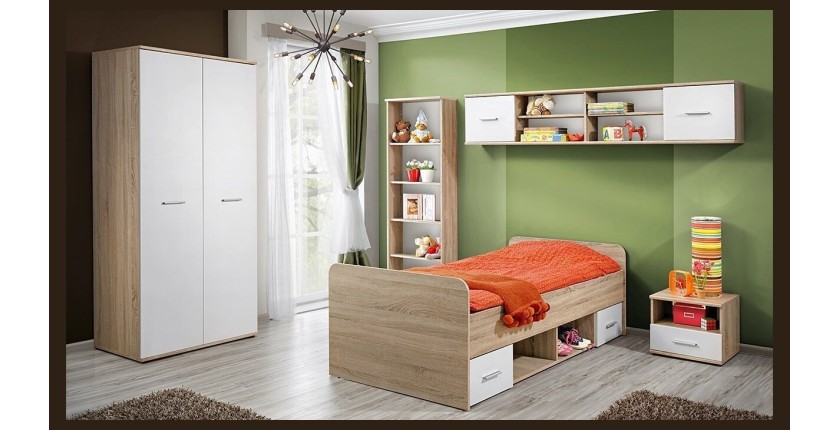 Lit enfant 90x200 collection DENVER. coloris chêne et blanc. Tiroirs inclus