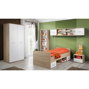 Lit enfant 90x200 collection DENVER. coloris chêne et blanc. Tiroirs inclus