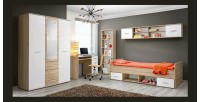 Lit enfant 90x200 collection DENVER. coloris chêne et blanc. Tiroirs inclus