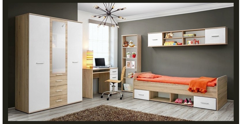 Lit enfant 90x200 collection DENVER. coloris chêne et blanc. Tiroirs inclus