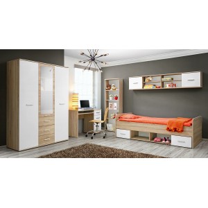 Lit enfant 90x200 collection DENVER. coloris chêne et blanc. Tiroirs inclus