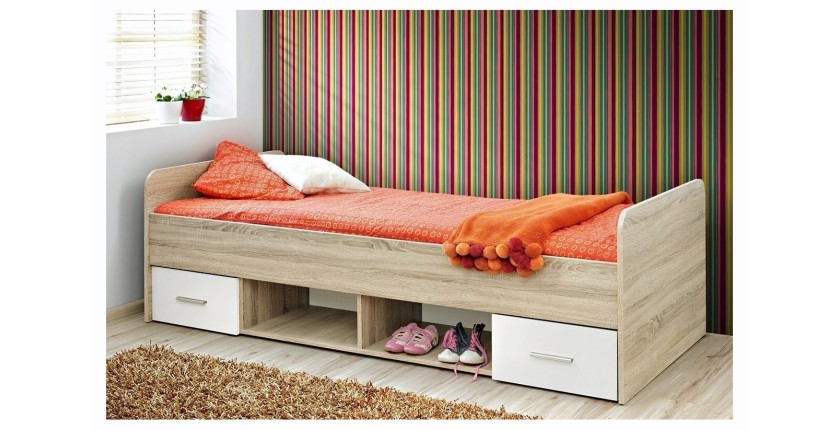 Lit enfant 90x200 collection DENVER. coloris chêne et blanc. Tiroirs inclus