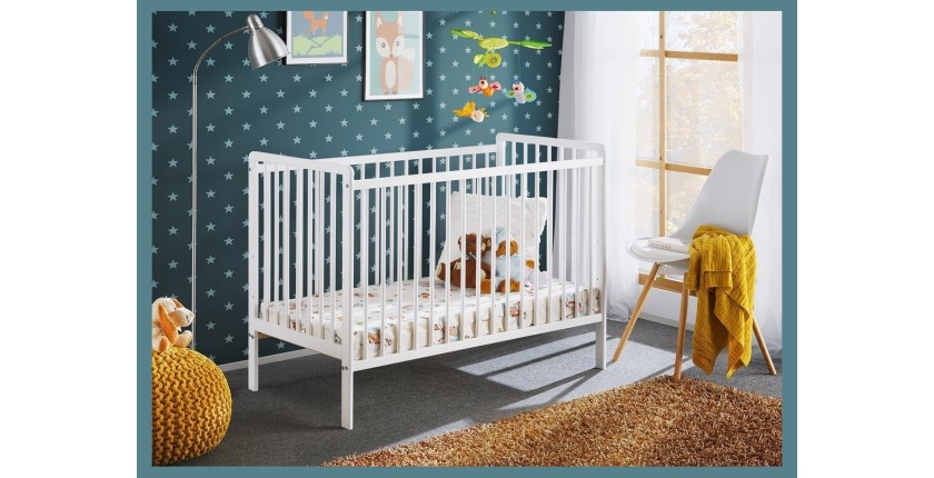 Lit et matelas bébé évolutif collection LUTIN réglable en hauteur. Coloris blanc mat.