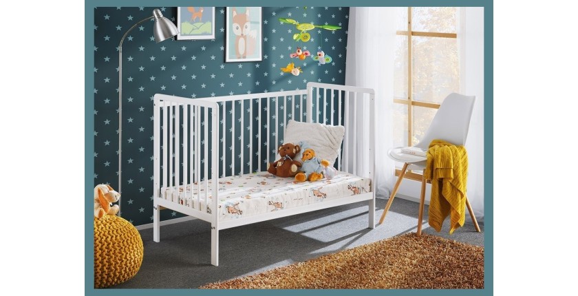 Lit et matelas bébé évolutif collection LUTIN réglable en hauteur. Coloris blanc mat.
