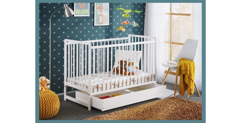 Lit bébé évolutif avec tiroir et matelas collection LUTIN réglable en hauteur. Coloris blanc mat.