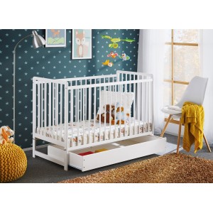 Lit bébé évolutif avec tiroir et matelas collection LUTIN réglable en hauteur. Coloris blanc mat.