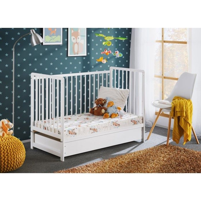 Lit bébé évolutif avec tiroir et matelas collection LUTIN réglable en hauteur. Coloris blanc mat.