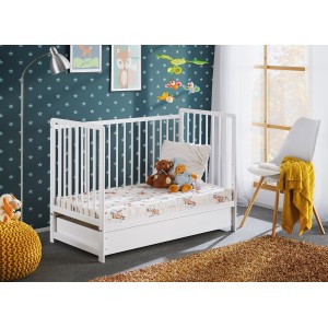 Lit bébé évolutif avec tiroir et matelas collection LUTIN réglable en hauteur. Coloris blanc mat.