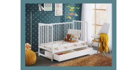 Lit bébé évolutif avec tiroir et matelas collection LUTIN réglable en hauteur. Coloris blanc mat.