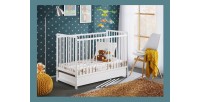 Lit bébé évolutif avec tiroir et matelas collection LUTIN réglable en hauteur. Coloris blanc mat.